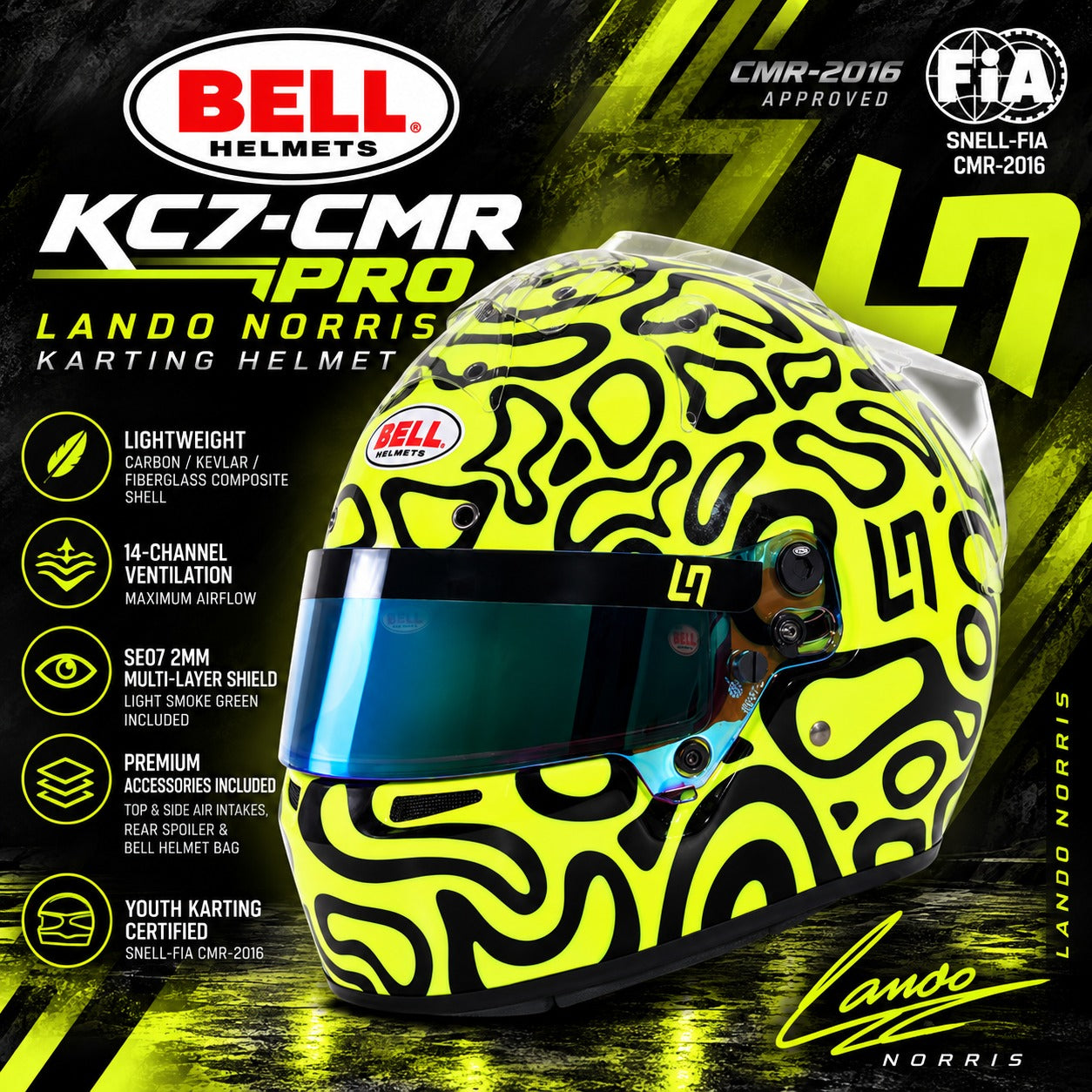 Bell KC7-CMR Pro Lando Norris youth karting helmet hero image featuring fluorescent yellow and black graphics, green multi-layer visor, lightweight composite shell, 14-channel ventilation, and Snell-FIA CMR2016 certification.