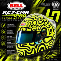 Thumbnail for Bell KC7-CMR Pro Lando Norris youth karting helmet hero image featuring fluorescent yellow and black graphics, green multi-layer visor, lightweight composite shell, 14-channel ventilation, and Snell-FIA CMR2016 certification.