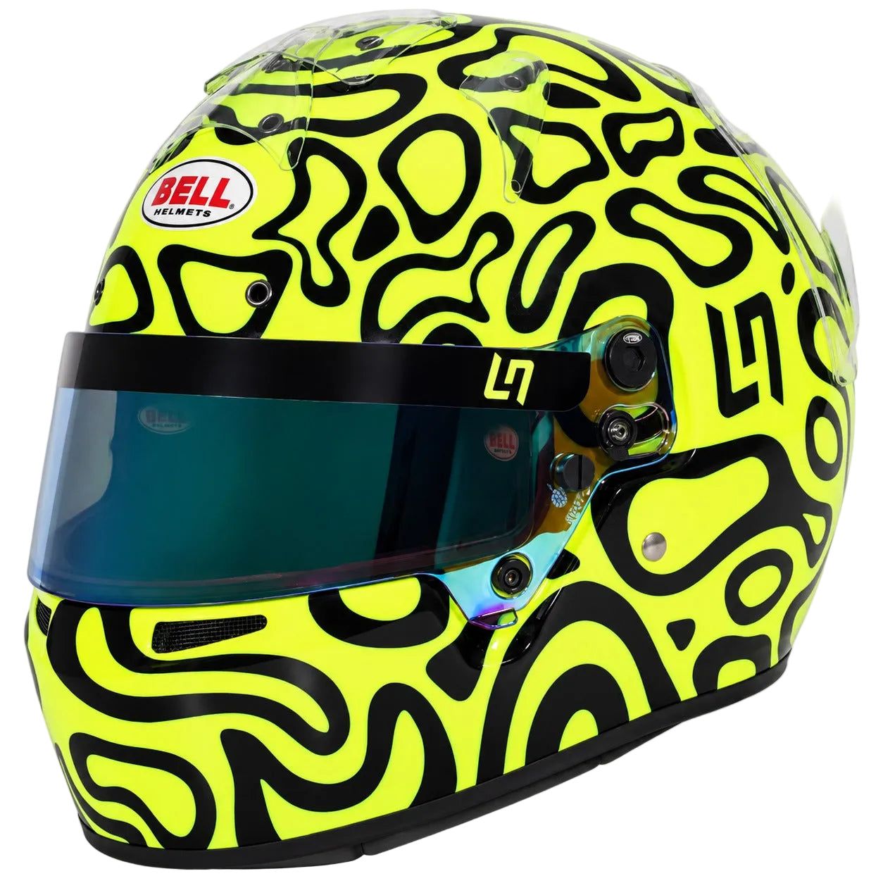 Bell KC7-CMR Pro Lando Norris youth karting helmet featuring fluorescent yellow and black graphics, iridescent visor, and clear aerodynamic air intakes.