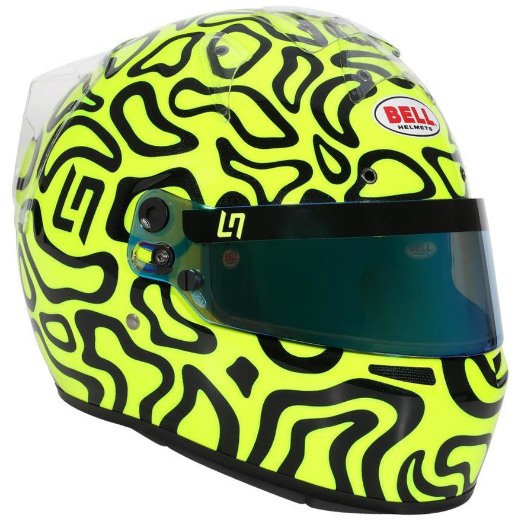 Right side profile of Bell KC7 CMR Pro Lando Norris karting helmet with reflective visor and bold graphic image