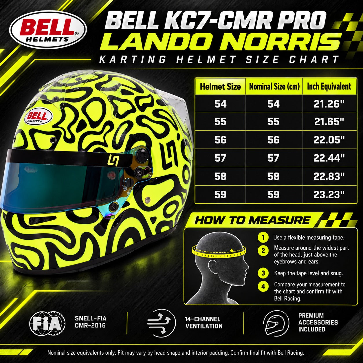 Bell KC7-CMR Pro Lando Norris youth karting helmet sizing chart showing sizes 54–59, nominal centimeter sizes, inch equivalents, and head measuring instructions.