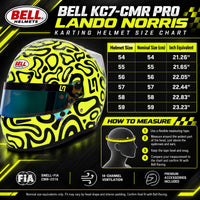 Thumbnail for Bell KC7-CMR Pro Lando Norris youth karting helmet sizing chart showing sizes 54–59, nominal centimeter sizes, inch equivalents, and head measuring instructions.