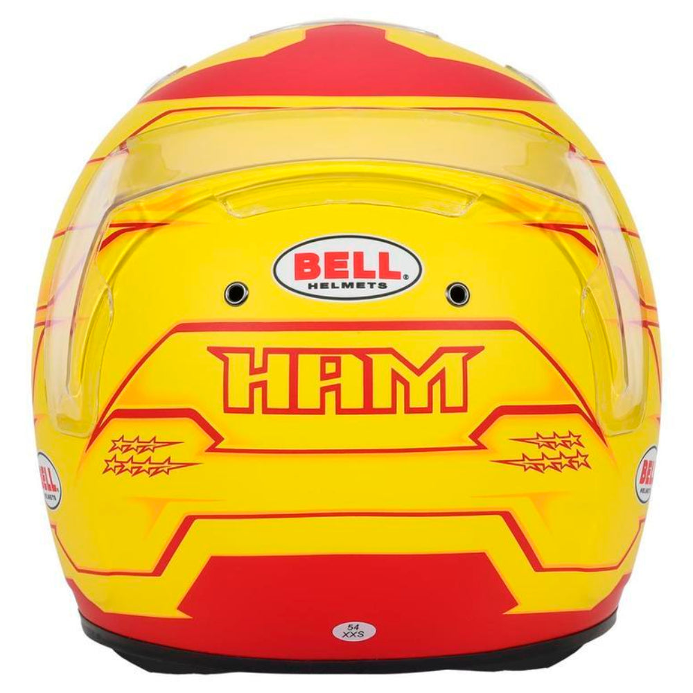Bell KC7 CMR Pro Lewis Hamilton 2026 karting helmet rear view with HAM logo and rear spoiler installed-image