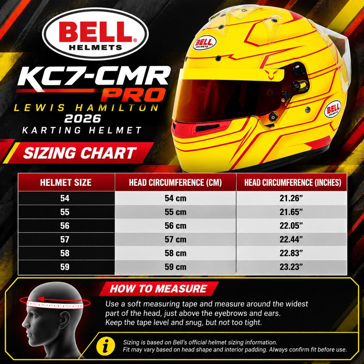 Bell KC7-CMR Pro Lewis Hamilton 2026 youth karting helmet sizing chart showing sizes 54–59, nominal centimeter measurements, inch equivalents, and head measuring instructions.