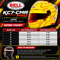 Thumbnail for Bell KC7-CMR Pro Lewis Hamilton 2026 youth karting helmet sizing chart showing sizes 54–59, nominal centimeter measurements, inch equivalents, and head measuring instructions.