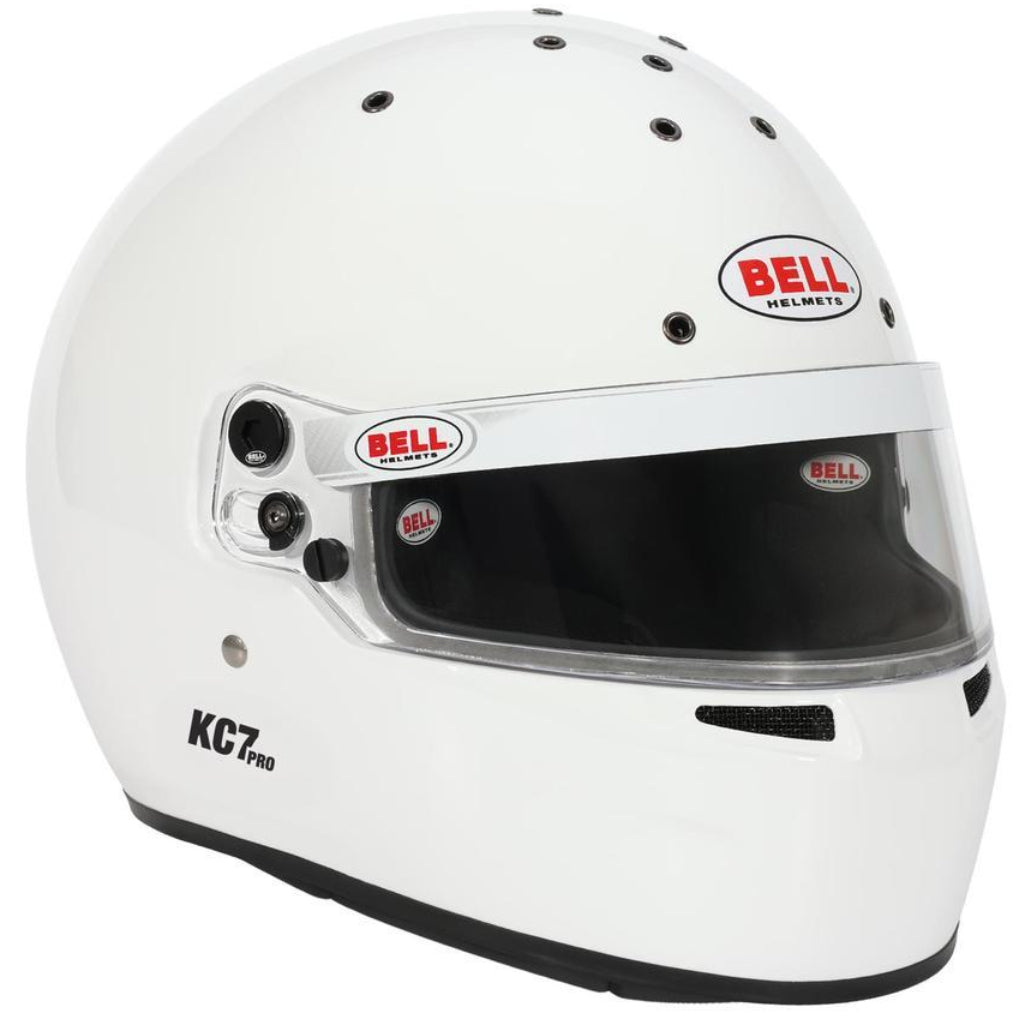 Bell KC7-CMR Pro white kart helmet shown from front left angle