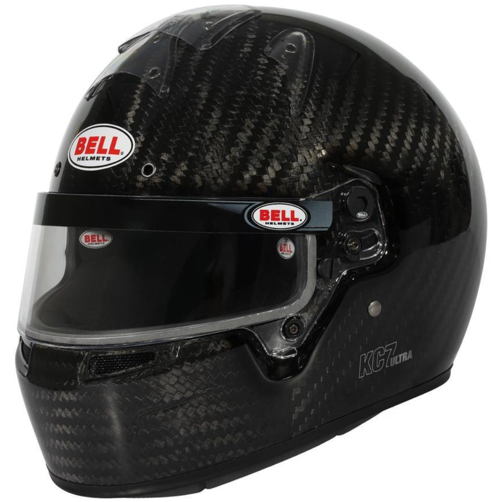 Bell KC7 CMR Ultra Carbon youth karting helmet shown from front three quarter angle