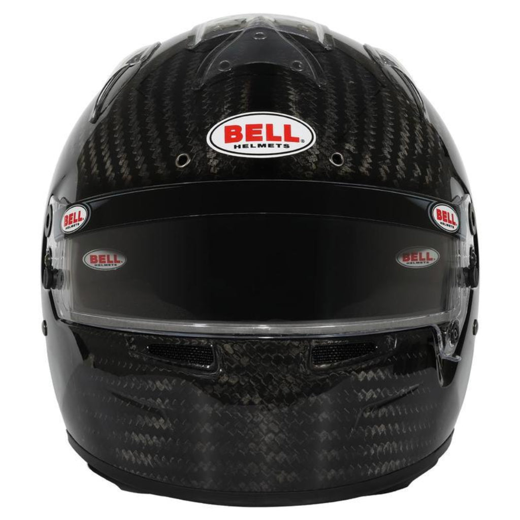 Front view of Bell KC7 CMR Ultra Carbon youth karting helmet with visor installed