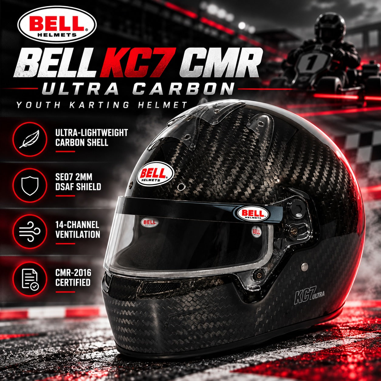 Bell KC7 CMR Ultra Carbon youth karting helmet hero image featuring lightweight carbon fiber construction, SE07 2mm DSAF shield, 14-channel ventilation, and Snell-FIA CMR2016 certific