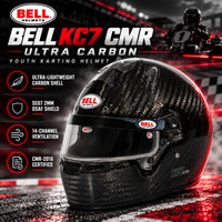 Thumbnail for Bell KC7 CMR Ultra Carbon youth karting helmet hero image featuring lightweight carbon fiber construction, SE07 2mm DSAF shield, 14-channel ventilation, and Snell-FIA CMR2016 certific
