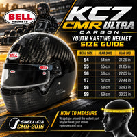 Thumbnail for Bell KC7 CMR Ultra Carbon youth karting helmet sizing chart showing sizes 54–59, head circumference measurements in centimeters and inches, proper measuring instructions, and Snell-FIA CMR2016 certification.