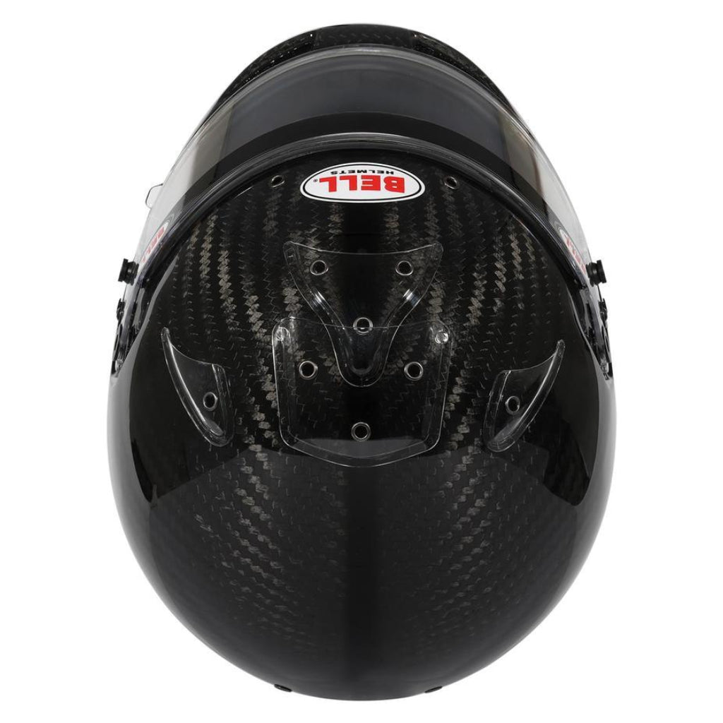 Top view of Bell KC7 CMR Ultra Carbon youth helmet showing carbon weave and vents