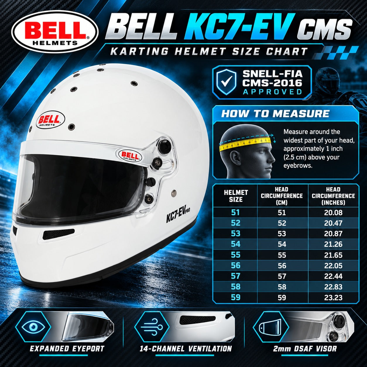 Bell KC7-EV CMS Youth Karting Helmet sizing chart showing sizes 51–59, head circumference measurements in centimeters and inches, Snell-FIA CMS-2016 certification, and helmet measurement instructions.
