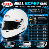 Thumbnail for Bell KC7-EV CMS Youth Karting Helmet sizing chart showing sizes 51–59, head circumference measurements in centimeters and inches, Snell-FIA CMS-2016 certification, and helmet measurement instructions.