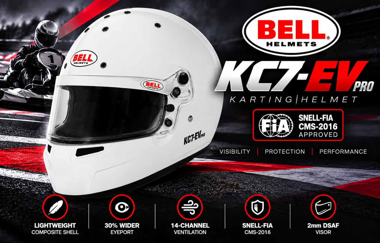 Bell KC7-EV CMS Youth Karting Helmet in white featuring an expanded eyeport, lightweight carbon-fiberglass composite shell, 14-channel ventilation, 2mm DSAF anti-fog visor, and Snell-FIA CMS-2016 certification.