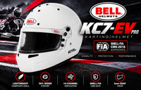 Thumbnail for Bell KC7-EV CMS Youth Karting Helmet in white featuring an expanded eyeport, lightweight carbon-fiberglass composite shell, 14-channel ventilation, 2mm DSAF anti-fog visor, and Snell-FIA CMS-2016 certification.
