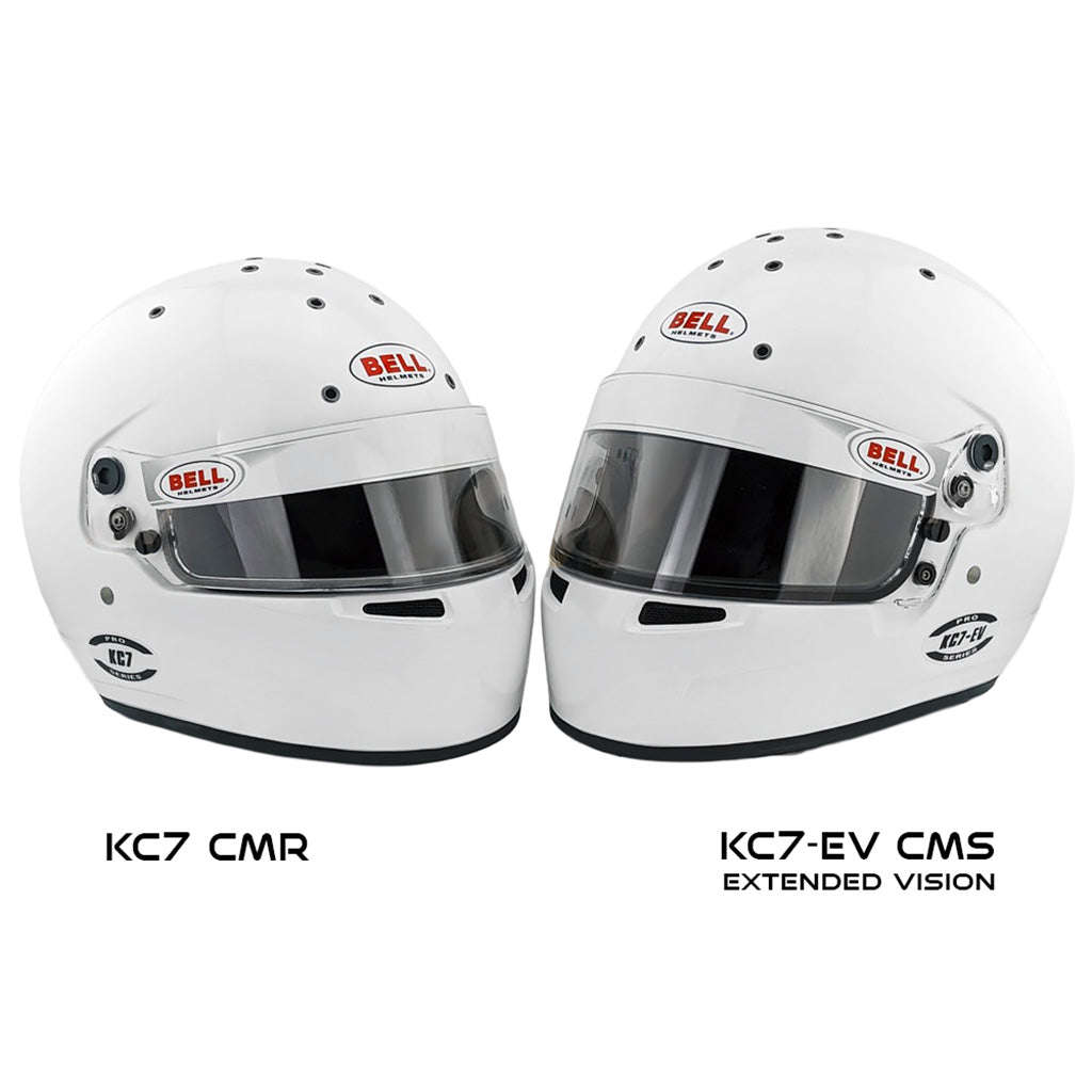 Two white racing helmets with 'Bell' branding on a white background