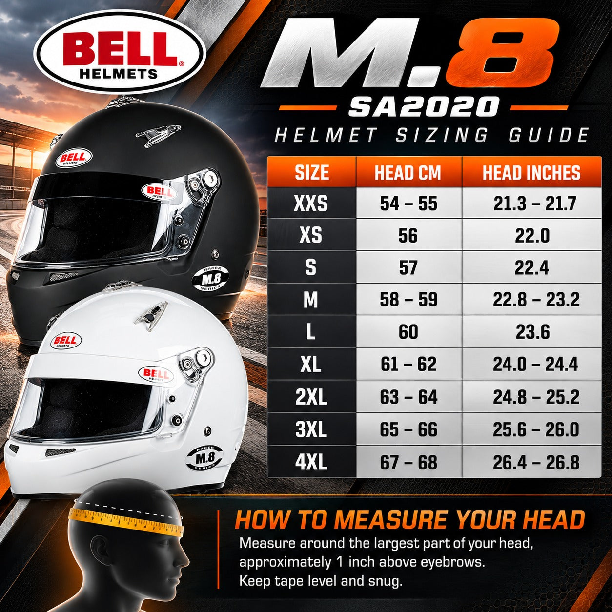 Bell M.8 Snell SA2020 Racing Helmet Size Chart for XXS to 4XL with Head Circumference in Centimeters and Inches, Featuring Matte Black and Gloss White Helmets.