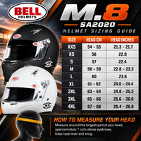 Thumbnail for Bell M.8 Snell SA2020 Racing Helmet Size Chart for XXS to 4XL with Head Circumference in Centimeters and Inches, Featuring Matte Black and Gloss White Helmets.
