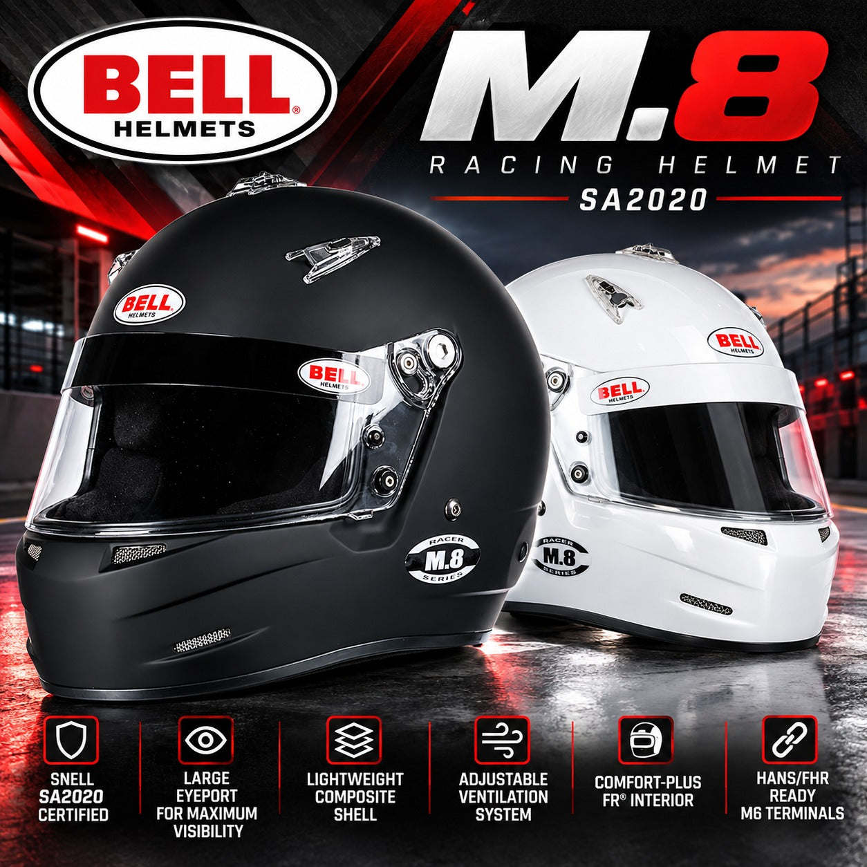 Bell M.8 Snell SA2020 Racing Helmets in Matte Black and Gloss White – Hero Image Featuring Large Eyeport, Lightweight Composite Shell, Adjustable Ventilation, Comfort-Plus FR Interior, and HANS-Ready M6 Terminals.