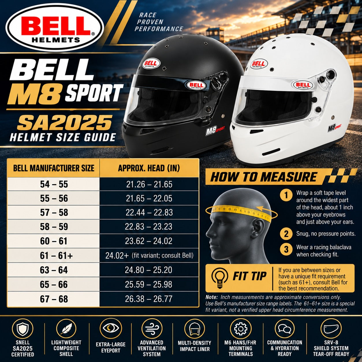 Bell M8 Sport SA2025 racing helmet sizing chart featuring Matte Black and Gloss White helmets, nine manufacturer size ranges from 54–55 through 67–68, approximate head circumference measurements in inches, head-measuring instructions, and proper-fit guidance.