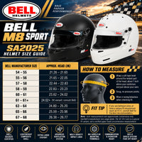 Thumbnail for Bell M8 Sport SA2025 racing helmet sizing chart featuring Matte Black and Gloss White helmets, nine manufacturer size ranges from 54–55 through 67–68, approximate head circumference measurements in inches, head-measuring instructions, and proper-fit guidance.