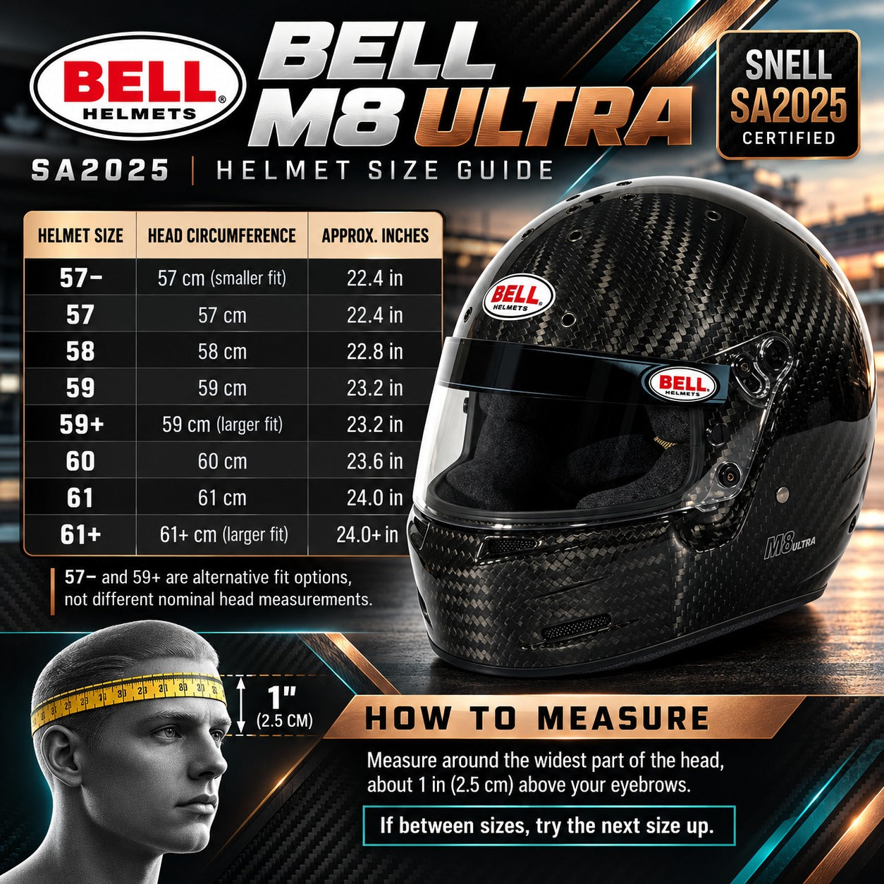 Bell Helmets SA2025 Helmet Size Guide infographic featuring a large black carbon-fiber racing helmet on the right, a measurement table on the left, and a small illustrated head with a yellow tape measure at the bottom left. The Bell logo and Snell SA2025 Certified badge are visible.