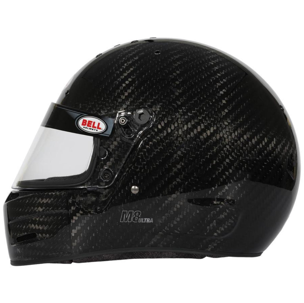 Bell M8 Ultra Carbon helmet left side profile with carbon fiber weave and visor hardware