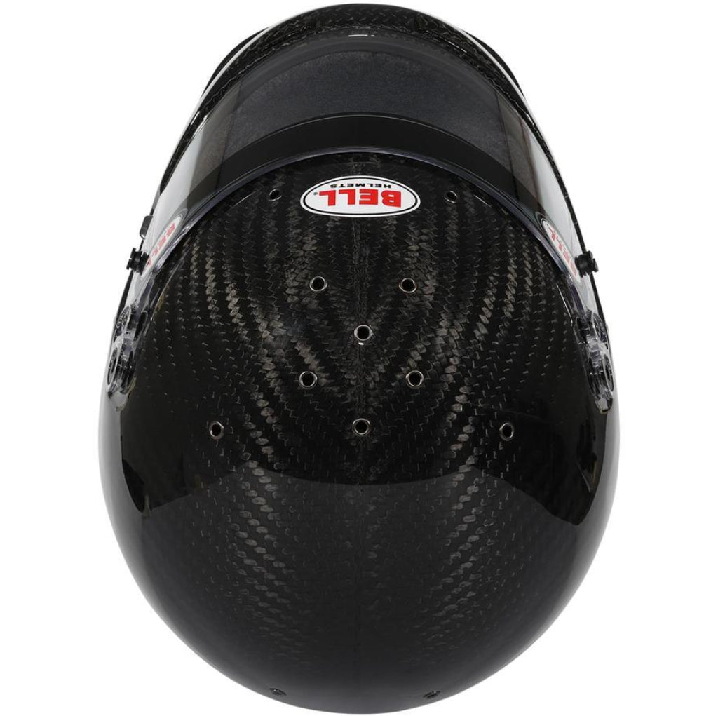Bell M8 Ultra Carbon helmet top view showing carbon fiber pattern and vent layout