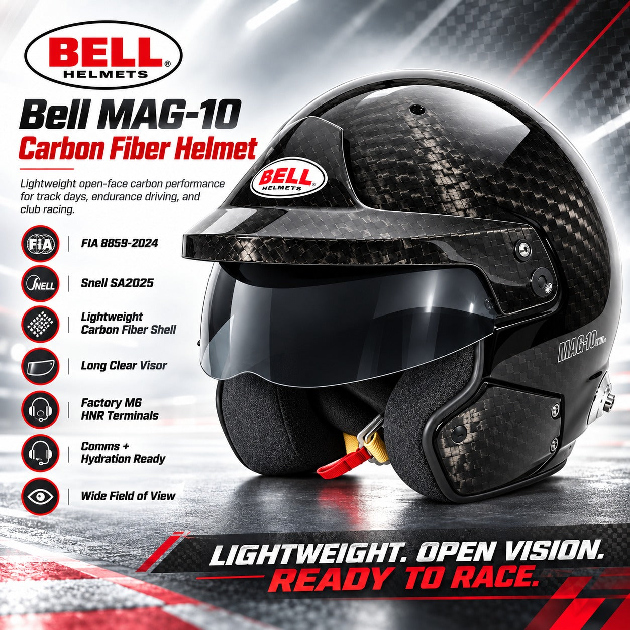 Bell MAG-10 Carbon Fiber Open-Face Racing Helmet hero image featuring lightweight carbon fiber construction, long visor, wide field of view, factory M6 head restraint terminals, and Snell SA2025 and FIA 8859-2024 certifications.