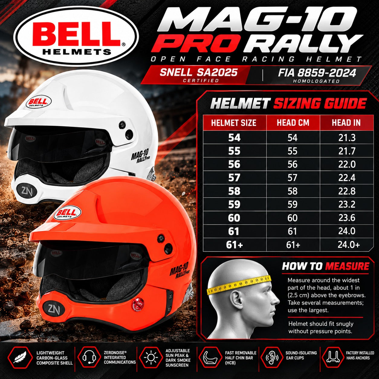 Bell MAG-10 PRO RALLY SA2025 open-face helmet sizing chart featuring White and Orange helmets, sizes 54 through 61+, head circumference in centimeters and inches, measuring instructions, and Snell SA2025 and FIA 8859-2024 certification.