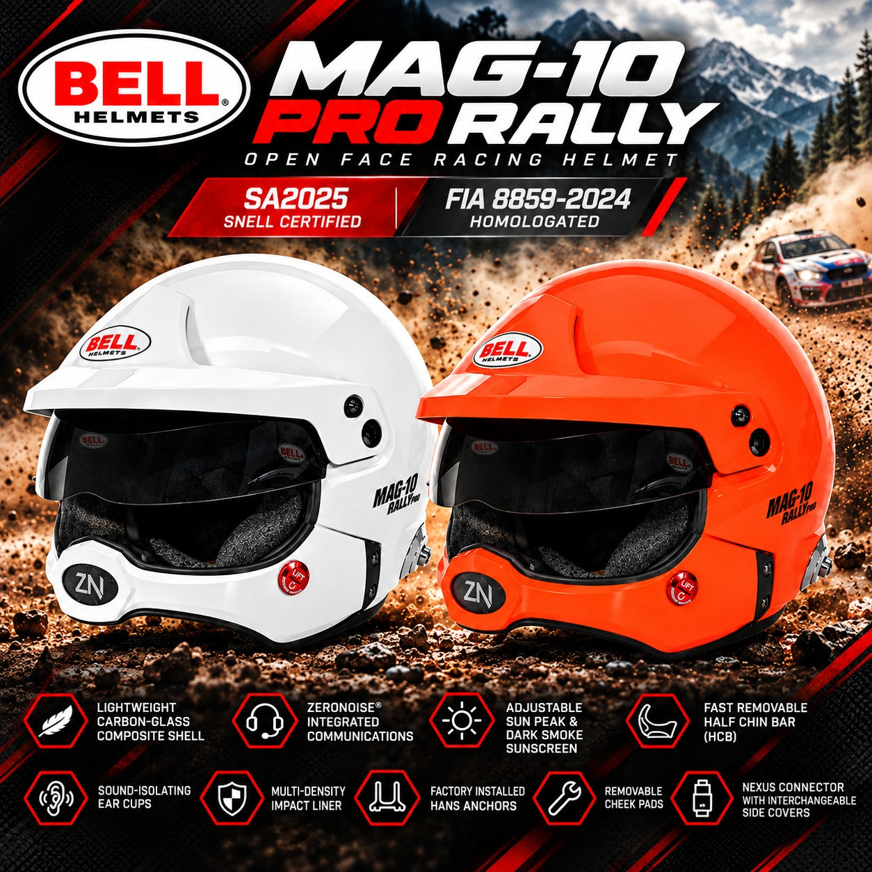 Bell MAG-10 PRO RALLY SA2025 open-face racing helmets in White and Orange, featuring FIA 8859-2024 certification, integrated ZeroNoise communications, adjustable dark smoke sunscreen, removable half chin bar, factory-installed HANS anchors, and lightweight carbon-glass composite shells.