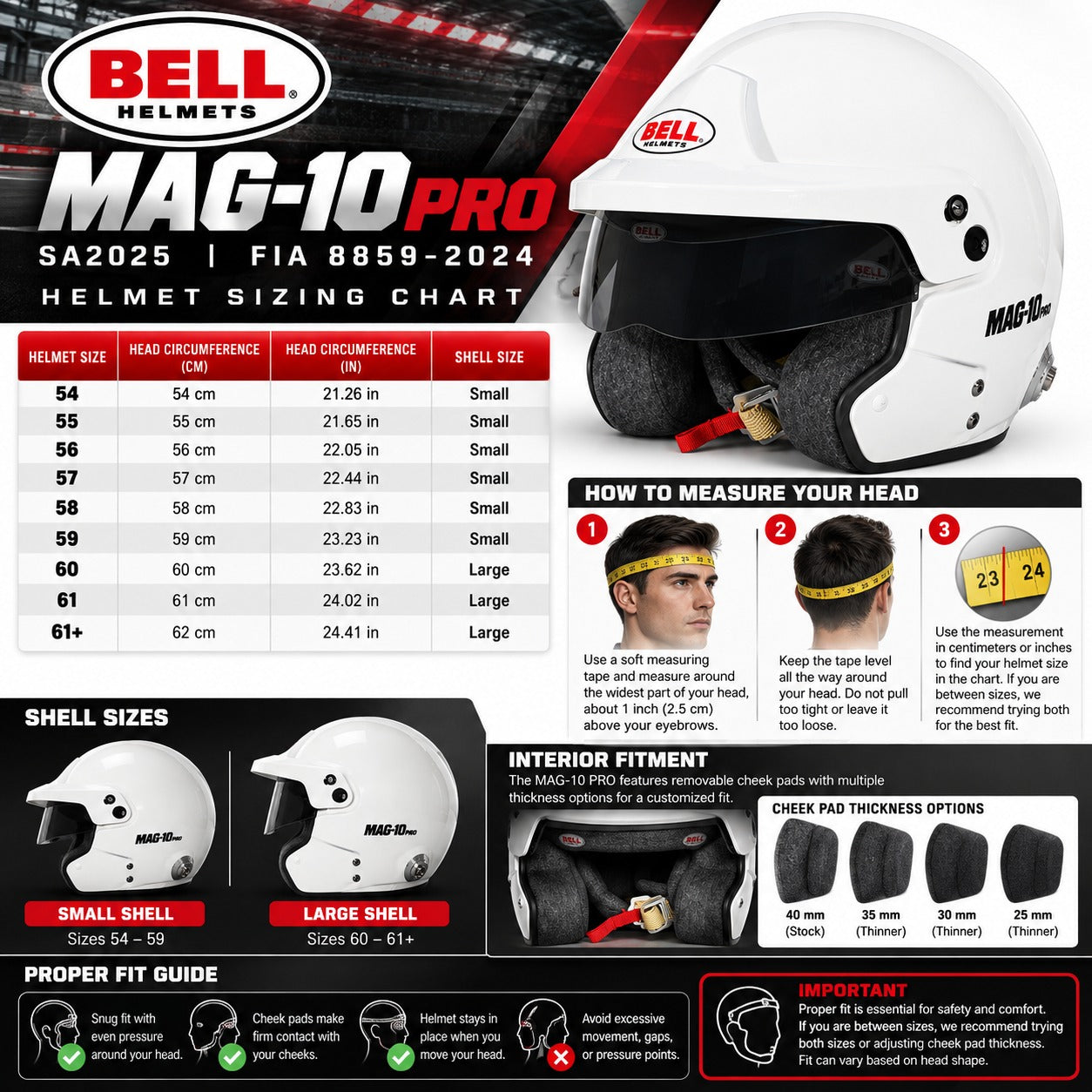 Bell MAG-10 PRO SA2025 open-face racing helmet detailed sizing chart featuring head circumference measurements, measuring instructions, shell size comparison, removable cheek-pad options, and proper helmet fitting guidance.