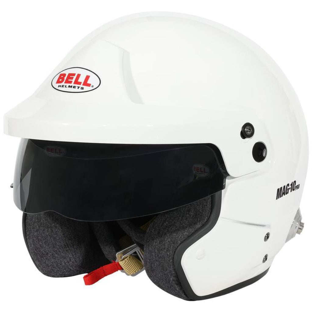 Bell MAG-10 Pro white open-face racing helmet three-quarter front view with dark visor image