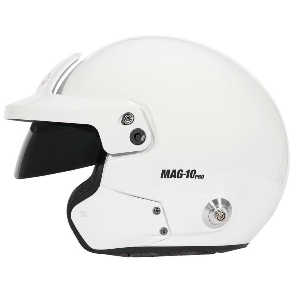Bell MAG-10 Pro white open-face helmet left side profile showing MAG-10 Pro branding image