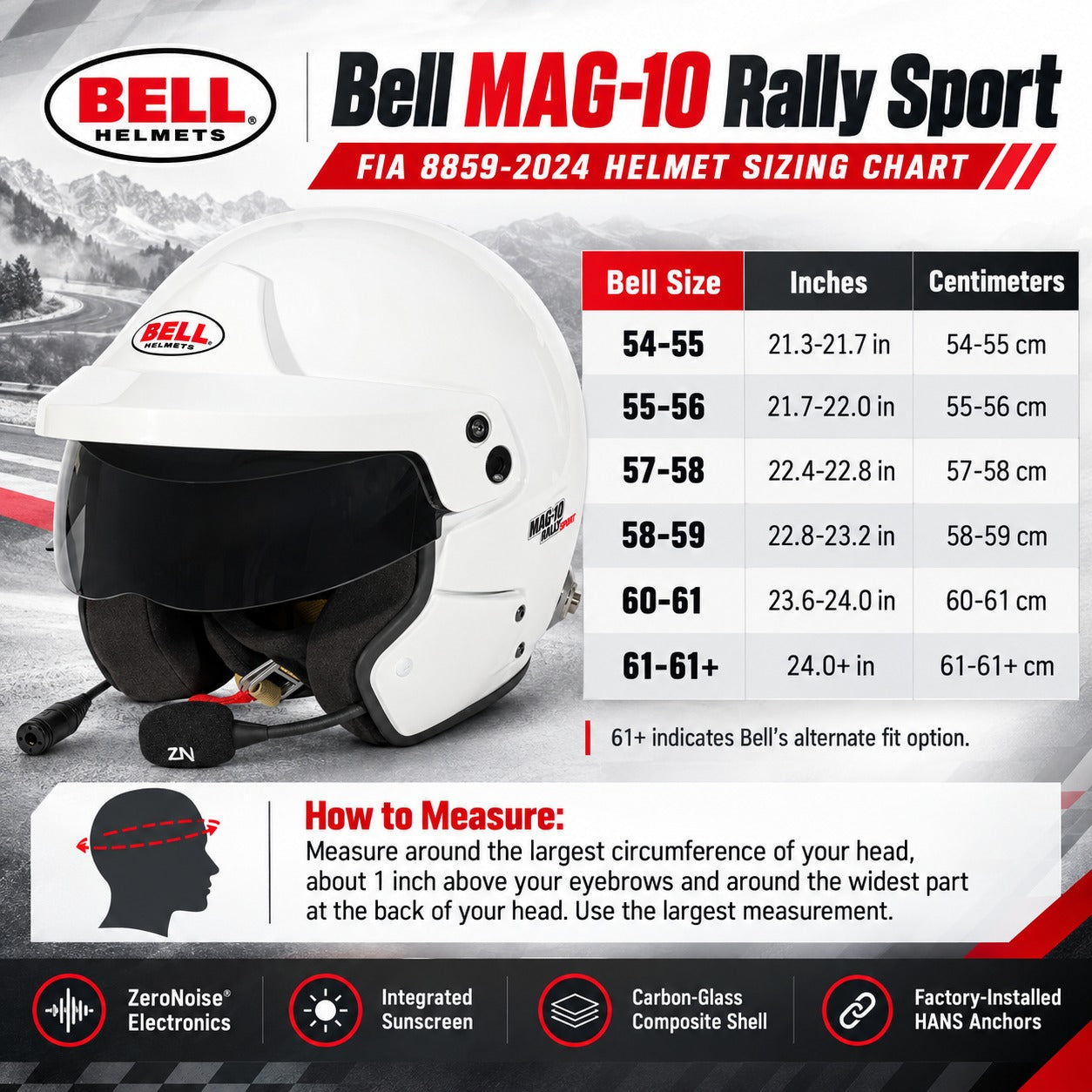Bell MAG-10 Rally Sport FIA 8859-2024 White Open-Face Racing Helmet Sizing Chart Featuring Six Manufacturer Size Ranges, Head Circumference in Centimeters and Inches, and Head Measuring Instructions.