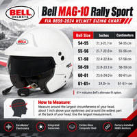 Thumbnail for Bell MAG-10 Rally Sport FIA 8859-2024 White Open-Face Racing Helmet Sizing Chart Featuring Six Manufacturer Size Ranges, Head Circumference in Centimeters and Inches, and Head Measuring Instructions.
