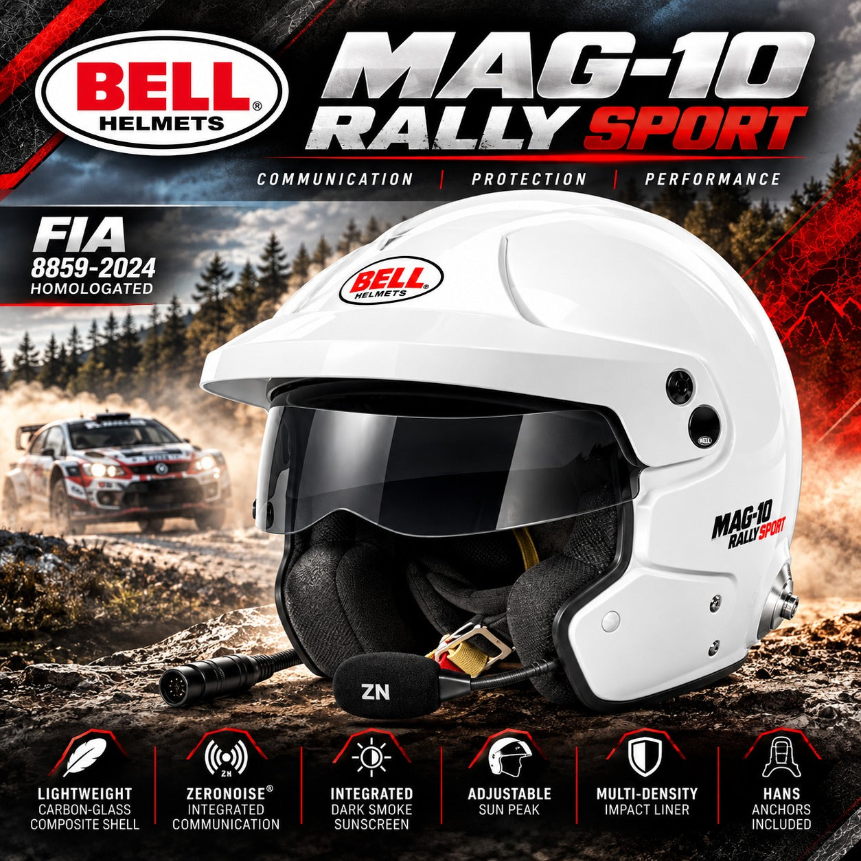 Bell MAG-10 Rally Sport FIA 8859-2024 White Open-Face Racing Helmet Hero Image Featuring Integrated ZeroNoise Communications, Dark Smoke Sunscreen, Adjustable Sun Peak, Carbon-Glass Composite Shell, and Factory-Installed HANS Anchors.