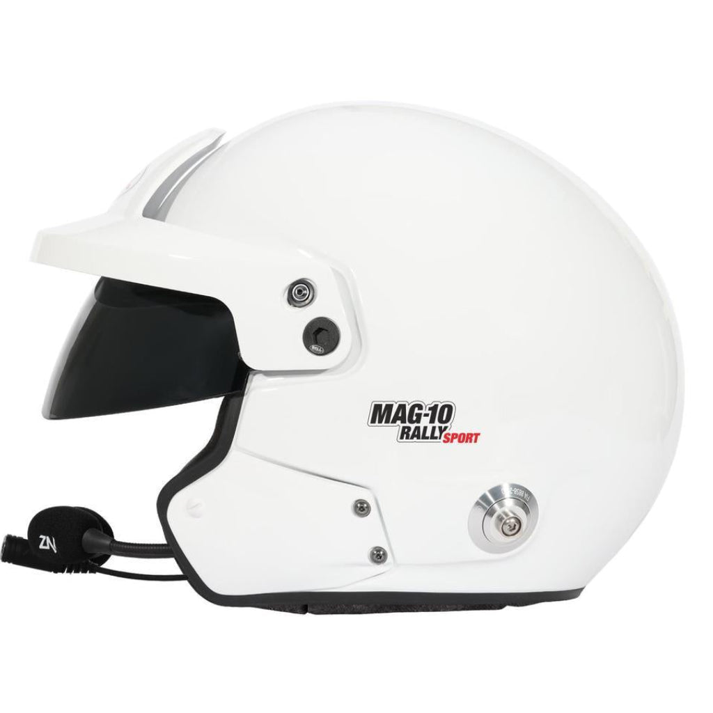 Left side profile of Bell MAG-10 Rally Sport white helmet showing open-face shell shape, visor mount, and rally communication hardware image