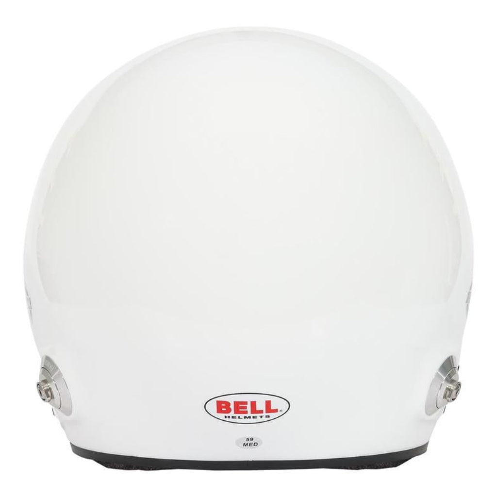 Left side profile of Bell MAG-10 Rally Sport white helmet showing open-face shell shape, visor mount, and rally communication hardware image
