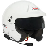 Thumbnail for Angled view of Bell MAG-10 Rally Sport white helmet showing open-face visor, padded interior, and attached rally microphone image