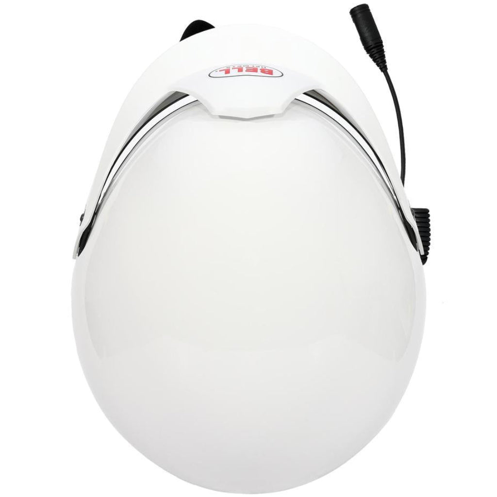 Top view of Bell MAG-10 Rally Sport white helmet showing visor peak shape and smooth crown design image