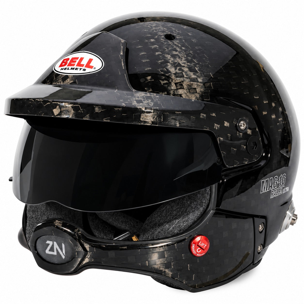 Bell MAG-10 Rally Ultra carbon fiber racing helmet shown from the front three-quarter angle on a white background