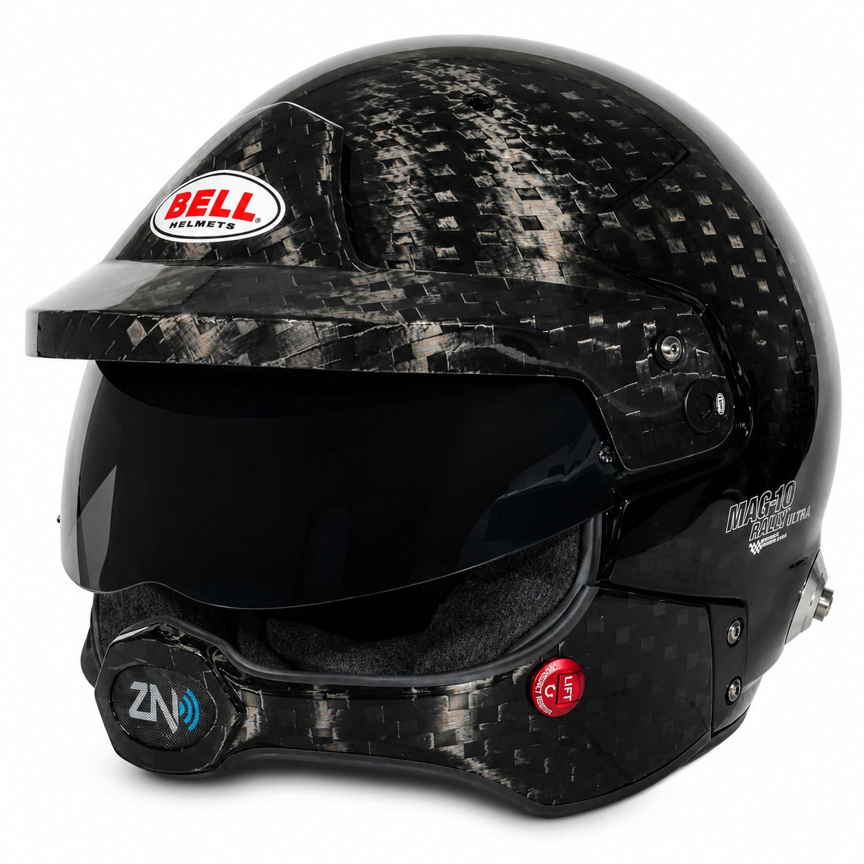 Bell MAG-10 Rally ULTRA WW Carbon Fiber SA2025 helmet with integrated ZeroNoise communications, removable half chin bar and dark smoked sunscreen