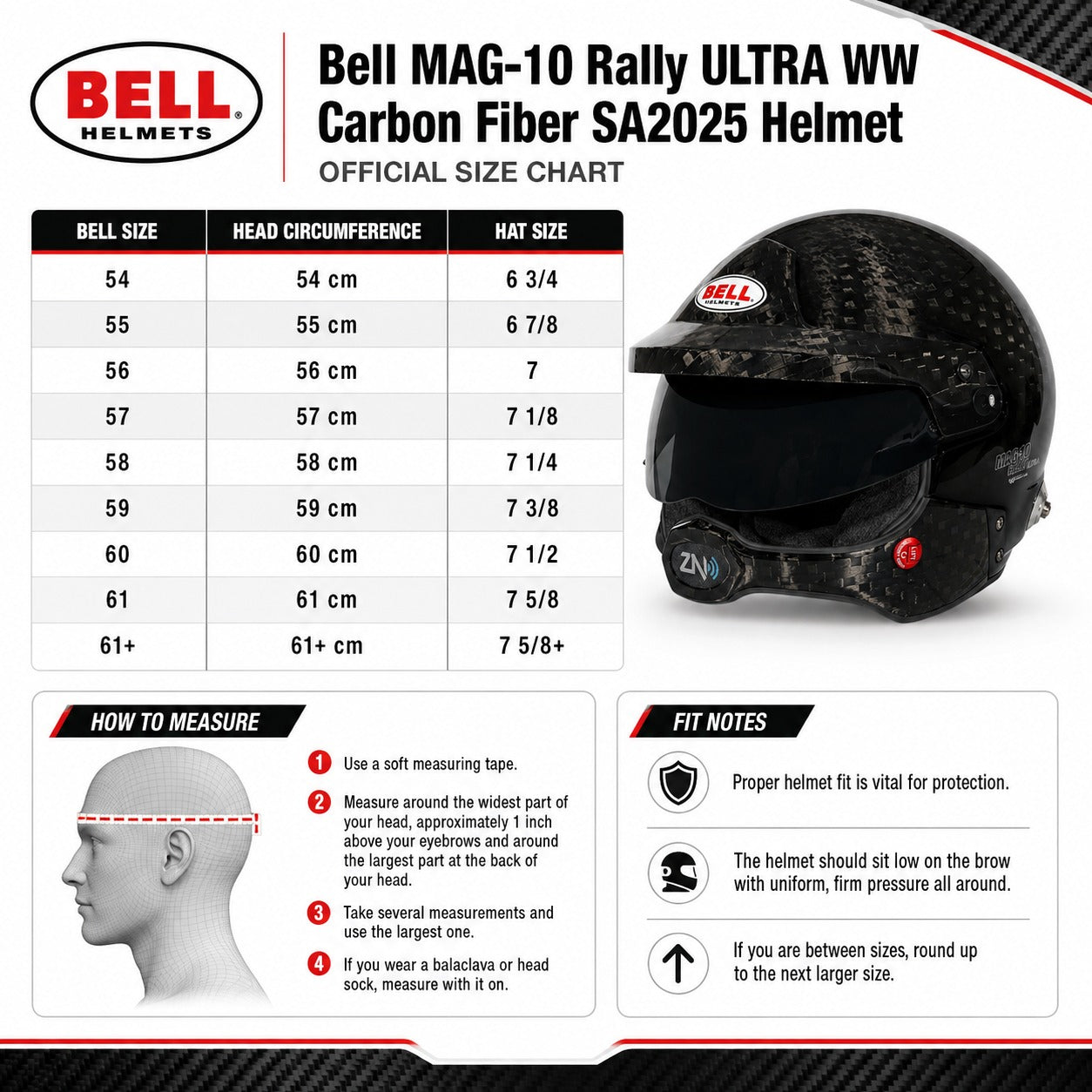 Bell MAG-10 Rally ULTRA WW Carbon Fiber SA2025 Helmet official size chart infographic. The graphic features a size table mapping head circumference to hat size, a how-to-measure diagram, fit notes, and a photo of the black carbon fiber helmet on the right.