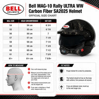 Thumbnail for Bell MAG-10 Rally ULTRA WW Carbon Fiber SA2025 Helmet official size chart infographic. The graphic features a size table mapping head circumference to hat size, a how-to-measure diagram, fit notes, and a photo of the black carbon fiber helmet on the right.