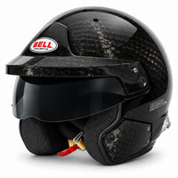 Thumbnail for Bell MAG-10 ULTRA Carbon Fiber Open-Face Racing Helmet shown in front three-quarter view, featuring a gloss carbon fiber shell, adjustable peak, dark smoked sun visor, padded interior, and HANS anchors.