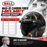 Thumbnail for Bell MAG-10 ULTRA Carbon Fiber Open-Face Racing Helmet sizing chart showing helmet sizes 54 through 61+, head circumference in centimeters and inches, Snell SA2025 and FIA 8859-2024 certifications, and helmet measuring instructions.
