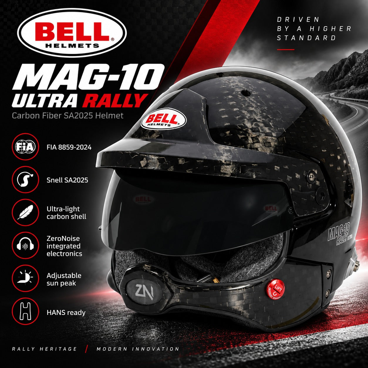 Bell Helmets Mag-10 Ultra Rally carbon fiber full-face motorcycle helmet in black with a subtle carbon fiber weave pattern, featuring an integrated visor and promotional text on a dark graphic background.