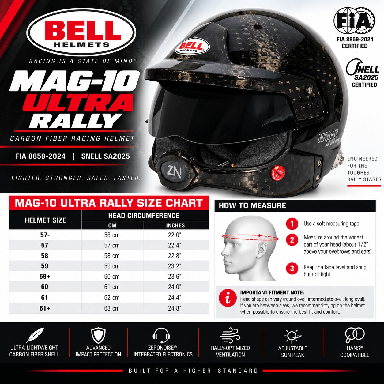 Bell MAG-10 ULTRA Rally Carbon Fiber SA2025 helmet sizing chart with head circumference measurements, FIA 8859-2024 and Snell SA2025 certification